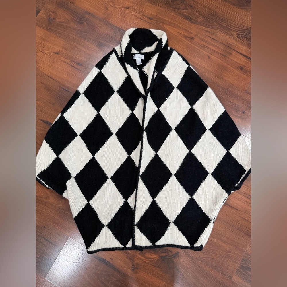 Spiegel women's Argyle black white cardigan poncho One Size Lambswool Angora
